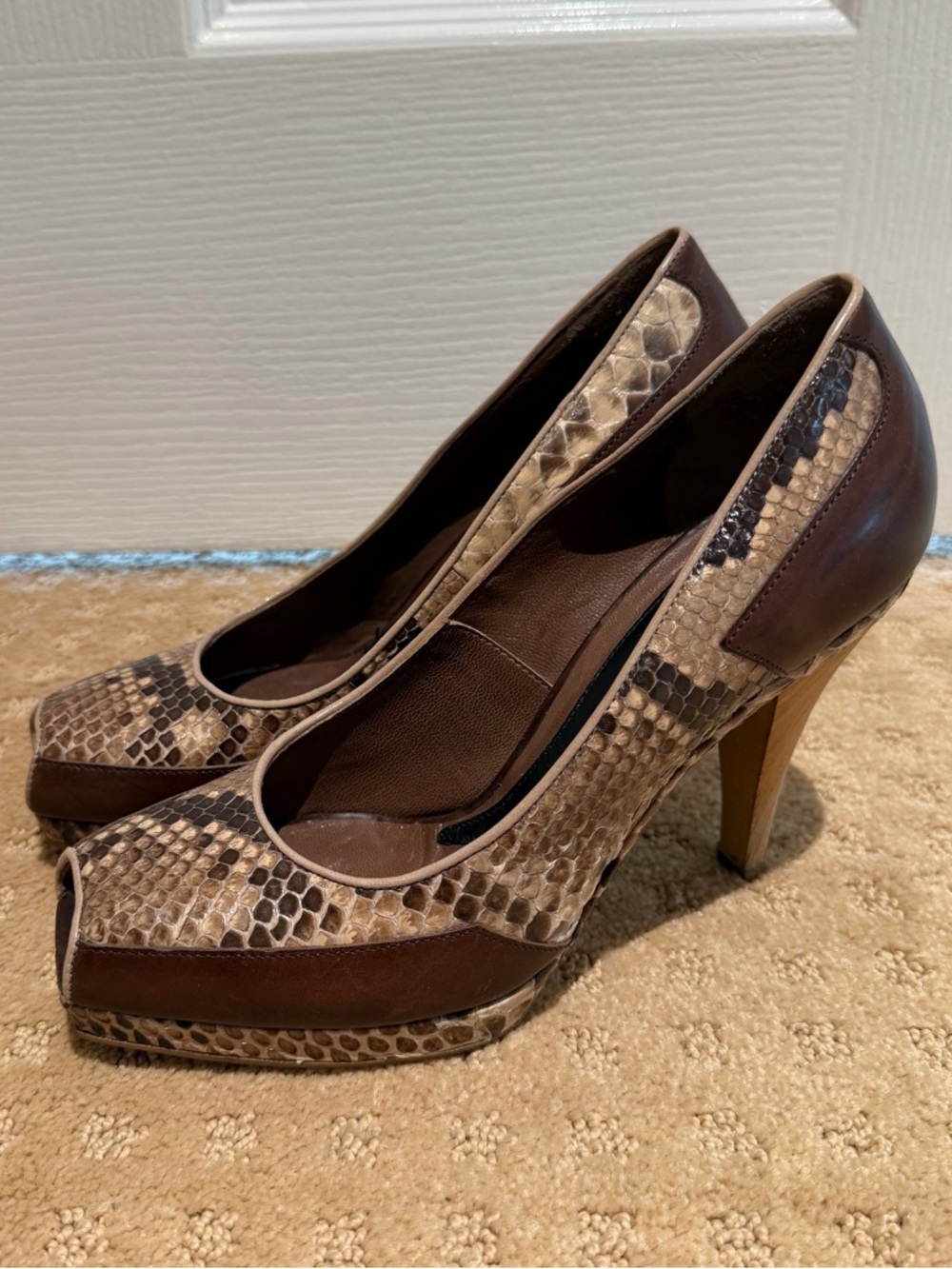 Marni snakeskin and leather square peep toe heels with wooden heel